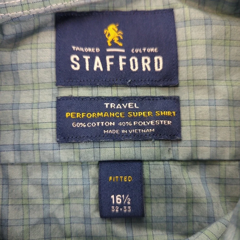 Stafford Shirt Mens 16.5 Fitted‎ Blue Green Plaid Long Sleeve Performance Dress - Picture 4 of 10